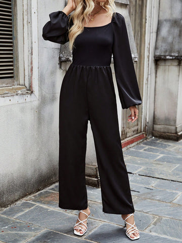 Women'S Solid Color Lantern Sleeve Jumpsuit