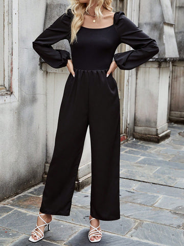 Women'S Solid Color Lantern Sleeve Jumpsuit