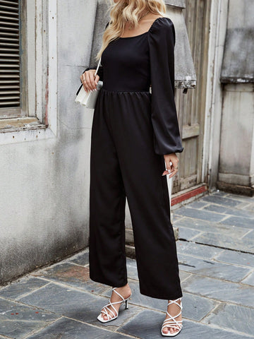 Women'S Solid Color Lantern Sleeve Jumpsuit