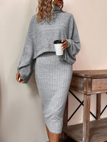 Women'S Solid Color Loose High Neck Top And Skirt Two Piece Set
