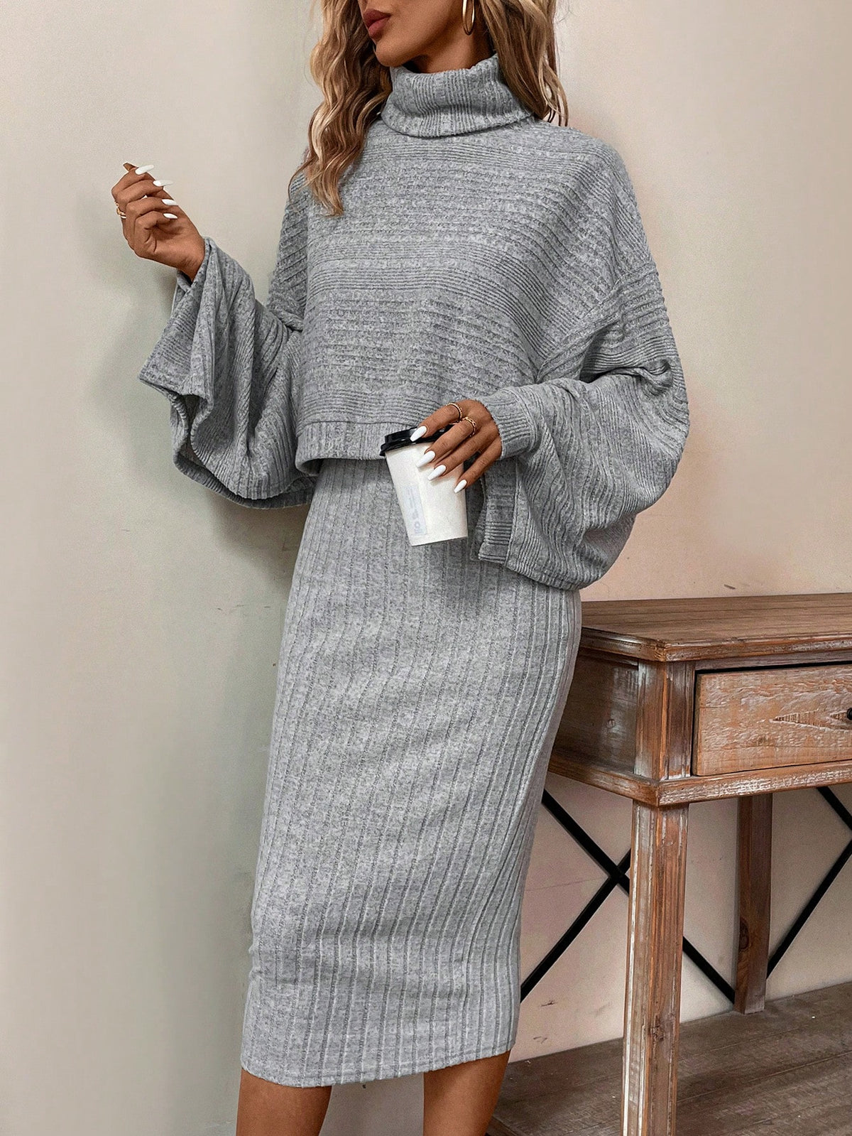 Women'S Solid Color Loose High Neck Top And Skirt Two Piece Set