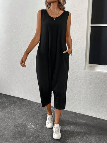 Women'S Solid Color Round Neck Backless Jumpsuit