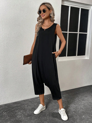 Women'S Solid Color Round Neck Backless Jumpsuit