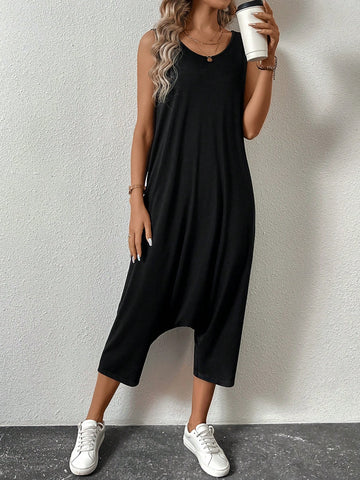 Women'S Solid Color Round Neck Backless Jumpsuit