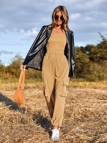Women'S Solid Color Strapless Jumpsuit With Cargo Design