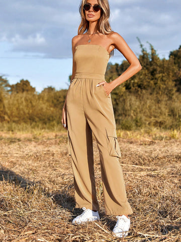 Women'S Solid Color Strapless Jumpsuit With Cargo Design