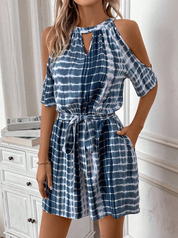 Women'S Tie Dye Off Shoulder Jumpsuit With Pockets