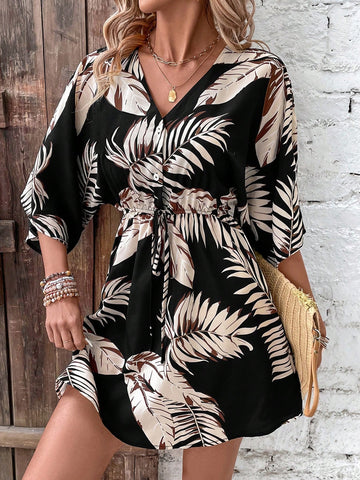 Women'S Tropical Printed Button-Up Half Placket Dress