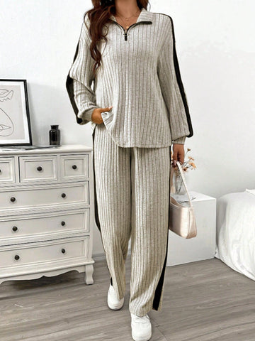 Women'S Two Piece Set Featuring Zip-Up Half-Placket Top And Pants