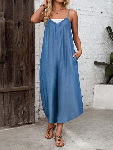 Women'S V-Neck Wide Leg Jumpsuit With Spaghetti Straps