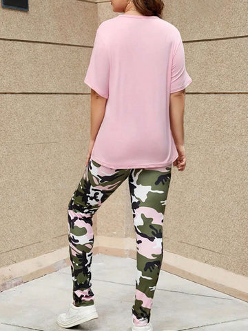 Women 2pcs/Set Solid Color Short Sleeve Top And Camouflage Leggings Casual Set