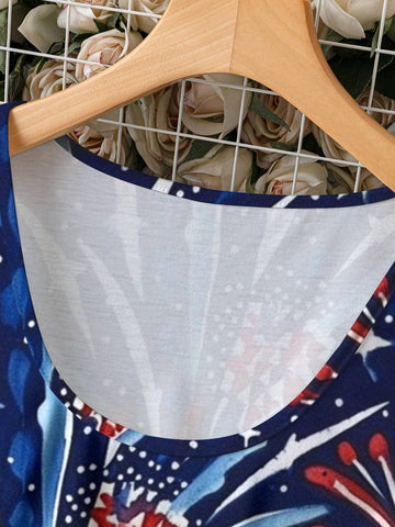Women American Flag Firework Printed Sleeveless Dress For Summer