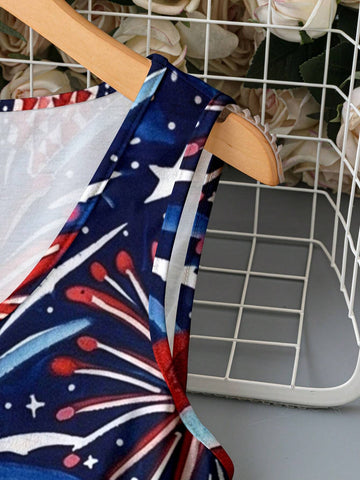Women American Flag Firework Printed Sleeveless Dress For Summer