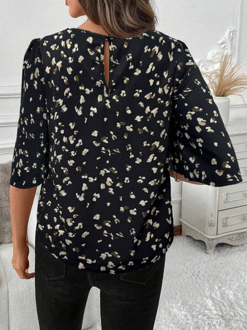 LUNE Women Animal Print Shirt With Ruffled Puff Sleeves, Casual Office Work Wear For Winter