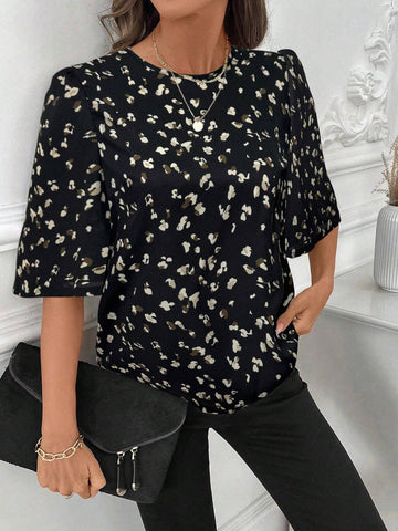 LUNE Women Animal Print Shirt With Ruffled Puff Sleeves, Casual Office Work Wear For Winter