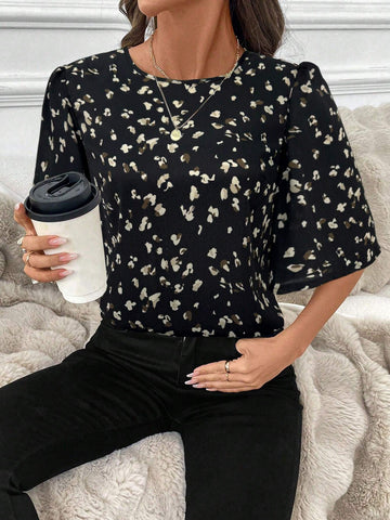 LUNE Women Animal Print Shirt With Ruffled Puff Sleeves, Casual Office Work Wear For Winter