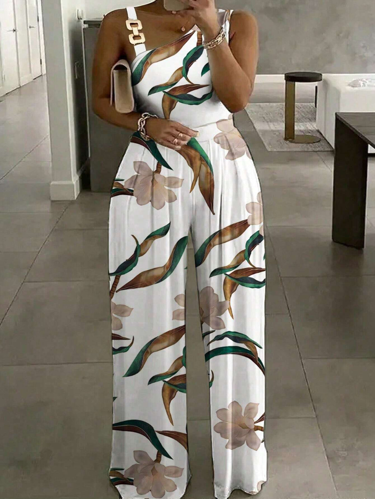 Women Asymmetric Shoulder Strap Printed Summer Jumpsuit