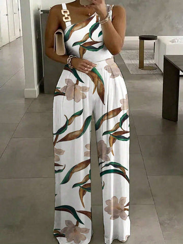 Women Asymmetric Shoulder Strap Printed Summer Jumpsuit