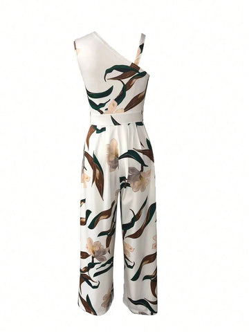 Women Asymmetric Shoulder Strap Printed Summer Jumpsuit