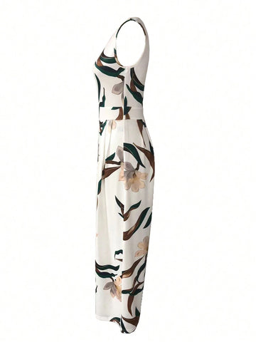 Women Asymmetric Shoulder Strap Printed Summer Jumpsuit