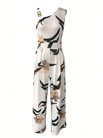 Women Asymmetric Shoulder Strap Printed Summer Jumpsuit