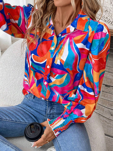 LUNE Women Autumn/Winter Vacation Floral Print Lantern Sleeve Loose Shirt