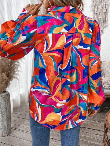 LUNE Women Autumn/Winter Vacation Floral Print Lantern Sleeve Loose Shirt