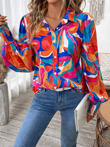 LUNE Women Autumn/Winter Vacation Floral Print Lantern Sleeve Loose Shirt