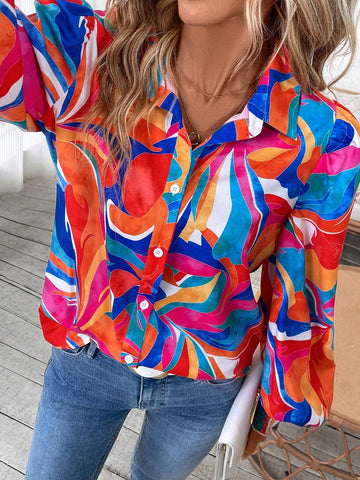 LUNE Women Autumn/Winter Vacation Floral Print Lantern Sleeve Loose Shirt