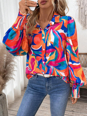 LUNE Women Autumn/Winter Vacation Floral Print Lantern Sleeve Loose Shirt