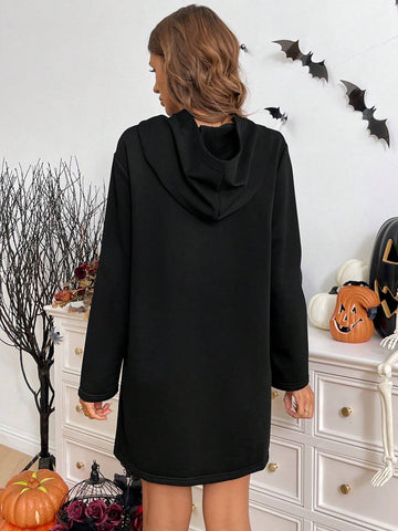 Women Autumn Winter Halloween Flower & Scream Print Hooded Sweatshirt Dress