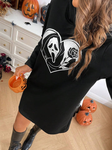 Women Autumn Winter Halloween Flower & Scream Print Hooded Sweatshirt Dress