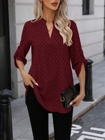 LUNE Women Casual All-Over Print Notched Neck Roll Up Long Sleeve Blouse, Autumn