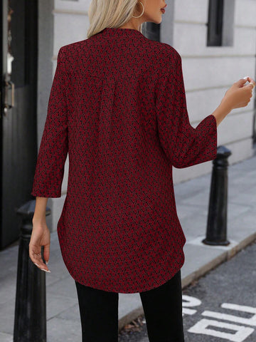 LUNE Women Casual All-Over Print Notched Neck Roll Up Long Sleeve Blouse, Autumn