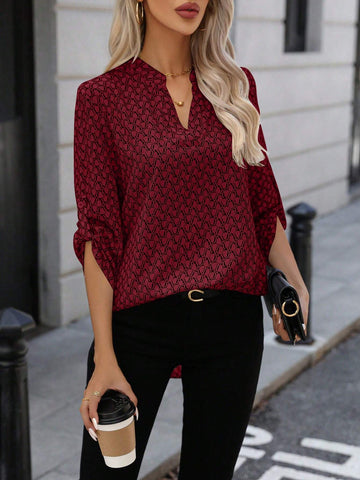 LUNE Women Casual All-Over Print Notched Neck Roll Up Long Sleeve Blouse, Autumn