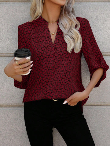 LUNE Women Casual All-Over Print Notched Neck Roll Up Long Sleeve Blouse, Autumn