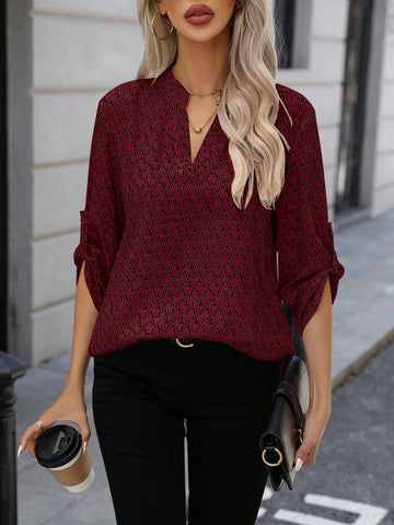 LUNE Women Casual All-Over Print Notched Neck Roll Up Long Sleeve Blouse, Autumn