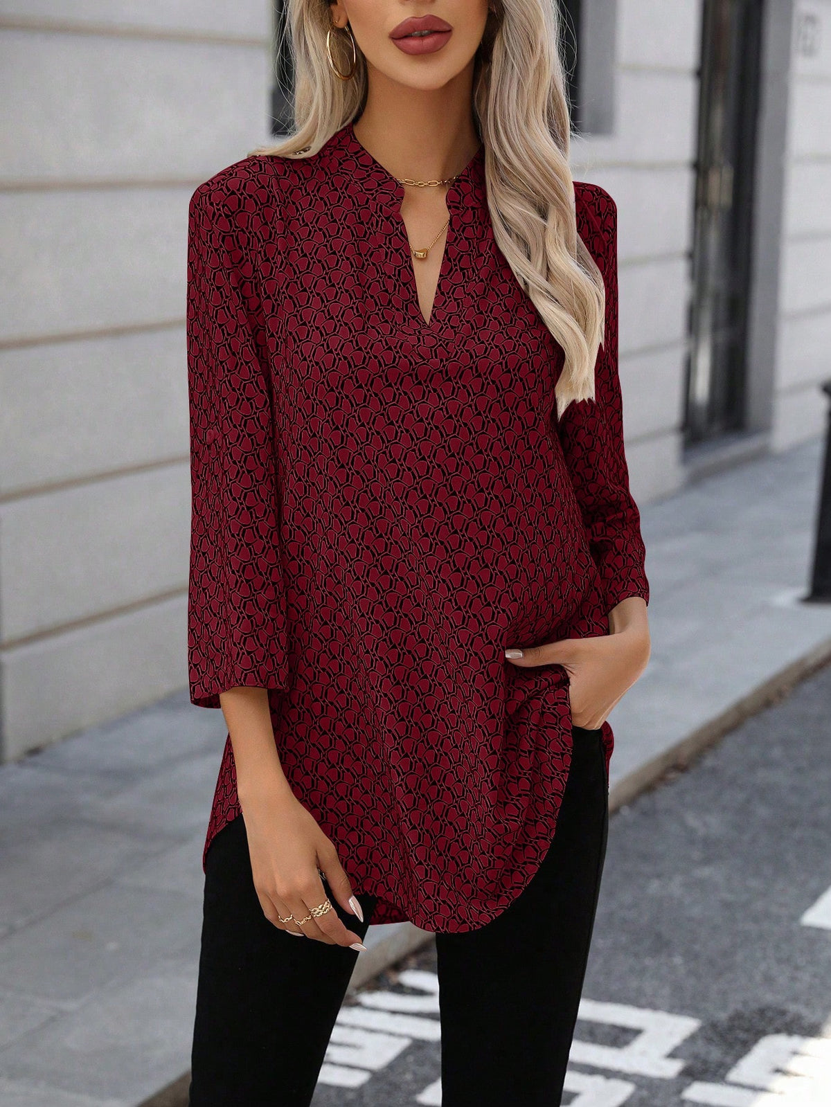 LUNE Women Casual All-Over Print Notched Neck Roll Up Long Sleeve Blouse, Autumn
