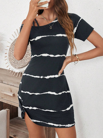 Women Casual Asymmetric Neckline Twist Pleat Dress