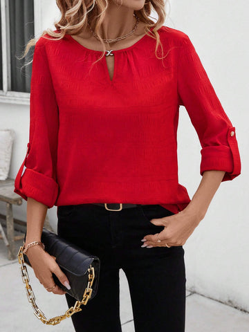 LUNE Women Casual Basic Textured Long Sleeve Embellished Button Regular Top Blouse For Fall/Winter