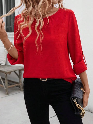 LUNE Women Casual Basic Textured Long Sleeve Embellished Button Regular Top Blouse For Fall/Winter