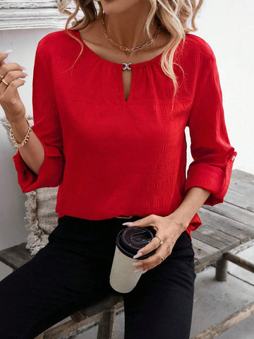 LUNE Women Casual Basic Textured Long Sleeve Embellished Button Regular Top Blouse For Fall/Winter