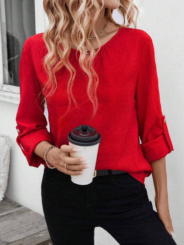 LUNE Women Casual Basic Textured Long Sleeve Embellished Button Regular Top Blouse For Fall/Winter