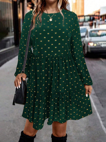 Women Casual Bow Print Round Neck Long Sleeve Mid-Length Dress