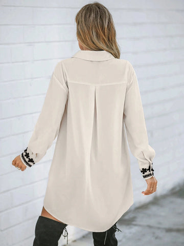 Women Casual Contrast Color Ruffle Hem Long Sleeve Shirt Dress, Basic Autumn/Winter Clothing