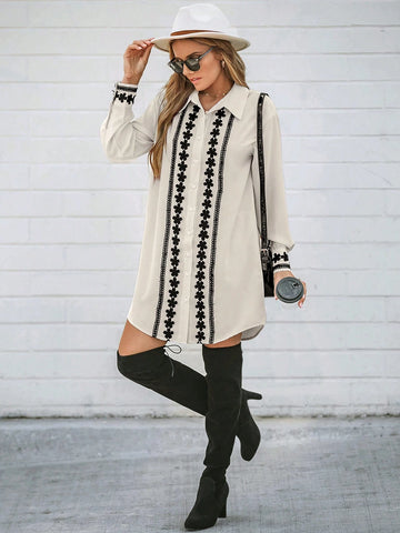 Women Casual Contrast Color Ruffle Hem Long Sleeve Shirt Dress, Basic Autumn/Winter Clothing