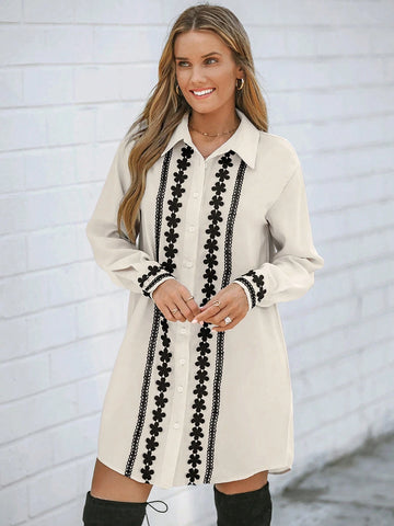 Women Casual Contrast Color Ruffle Hem Long Sleeve Shirt Dress, Basic Autumn/Winter Clothing