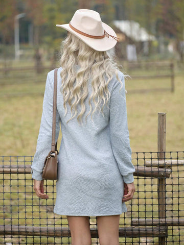 Women Casual Crew Neck Long Sleeve Half-Zip Mini Dress, Straight Silhouette, Textured Fabric Of Gray Houndstooth Pattern, Suitable For Autumn/Winter