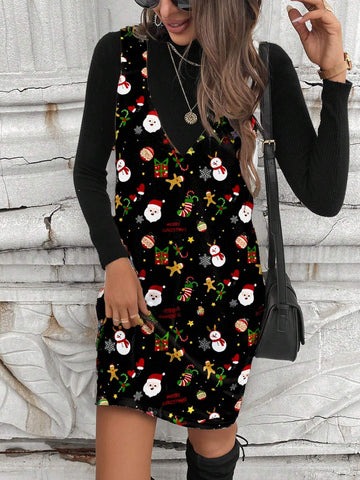 Women Casual Cute Christmas Pattern Short Dress, Suitable For Autumn/Winter