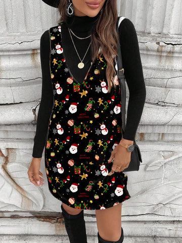 Women Casual Cute Christmas Pattern Short Dress, Suitable For Autumn/Winter